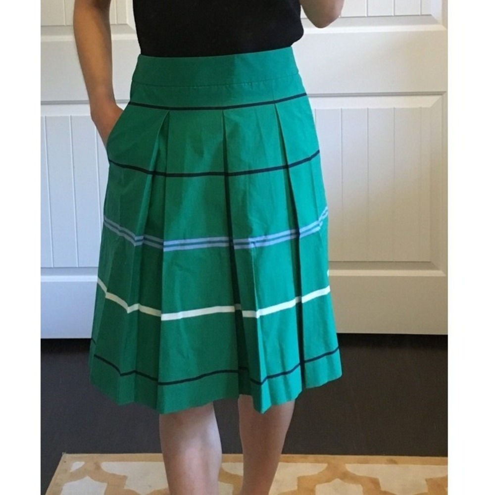 Ann Taylor Green Striped Pleated A-Line Skirt Pockets Size 14 Cotton Blend - Picture 11 of 11